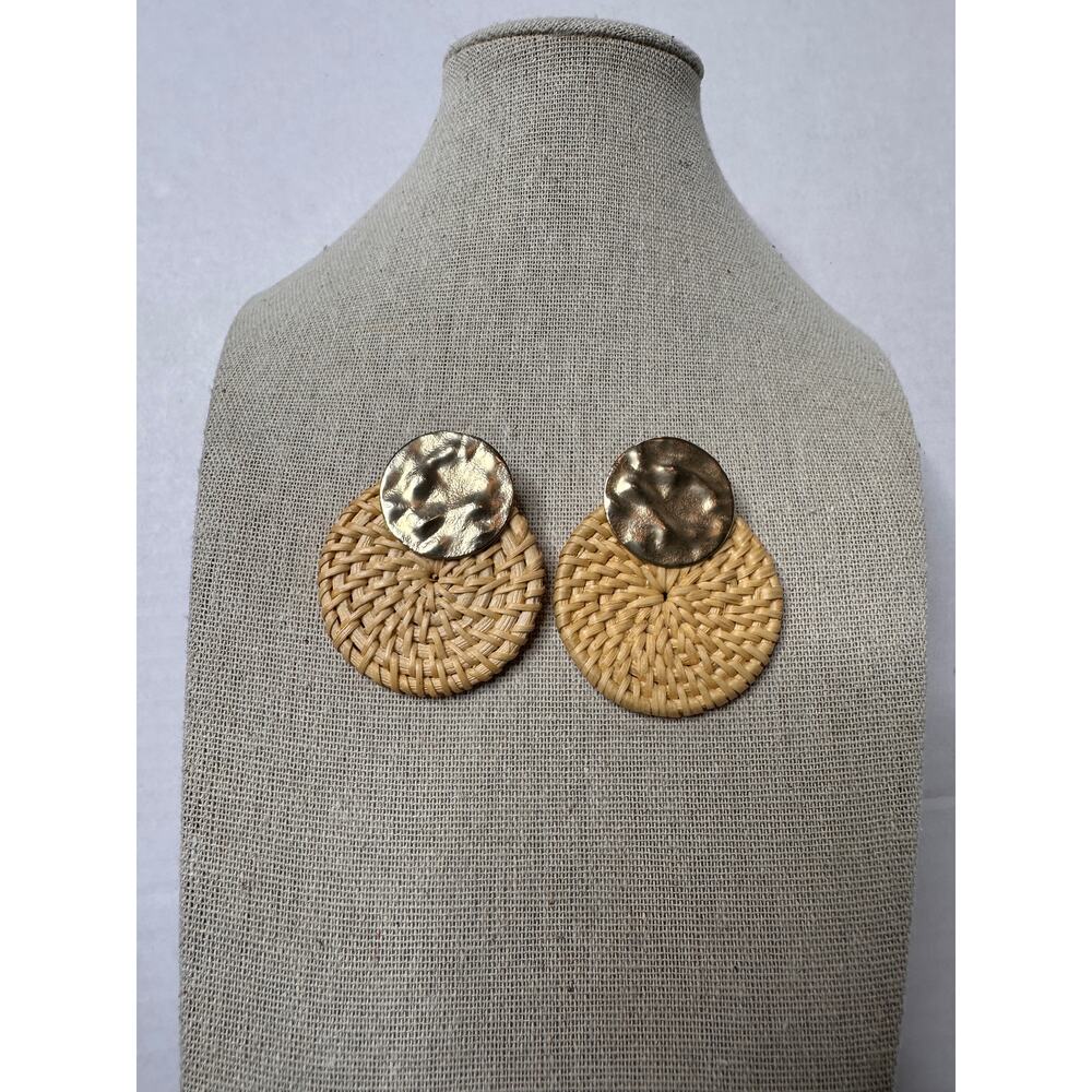Anthropologie Wicker Disc Drop Earrings Rattan Basket Circle Gold Beachy